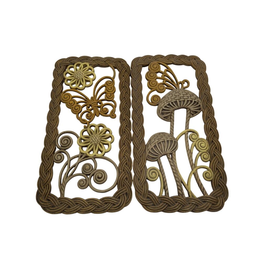 Vintage Set of Two Burwood Mushroom Butterfly Wall Hanging 2329 Boho